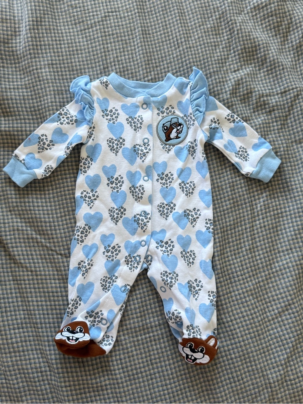 Blue Heart-Print Baby Footed One-Piece